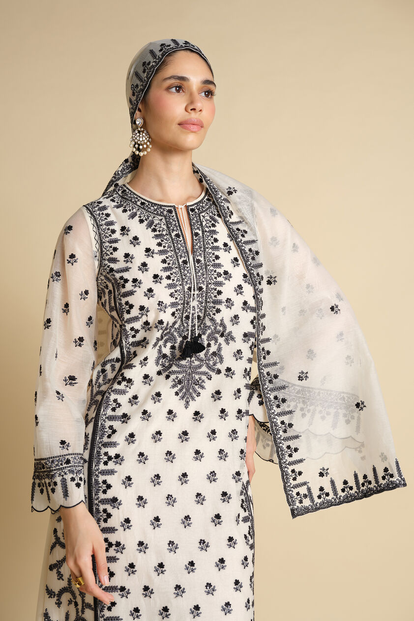 Sawsan Embroidered Mul Stole - Black & White, White, image 1